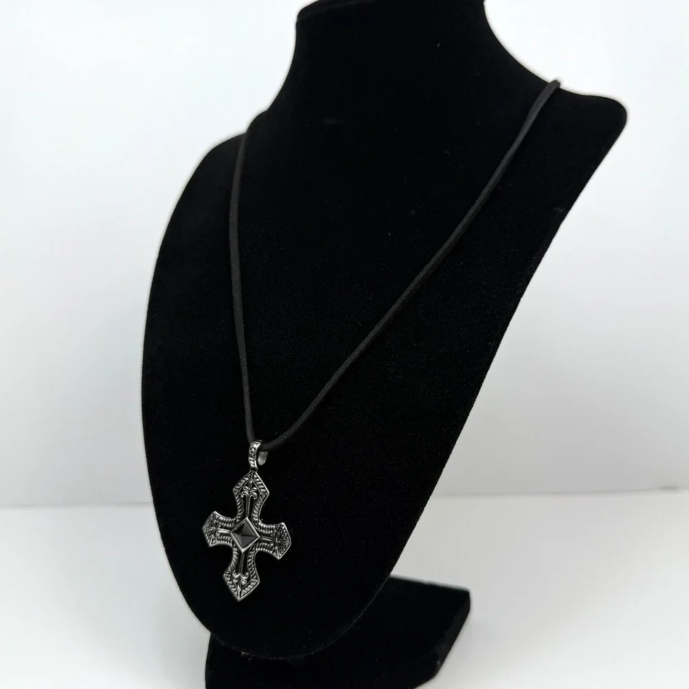 Stainless Steel Black Agate Cross Pendant Necklace Vintage Antique Style Silver